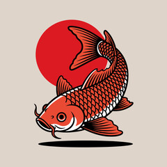 Fototapeta premium Illustration of a vibrant orange koi fish swimming upwards against a solid red circle, casting a shadow below.
