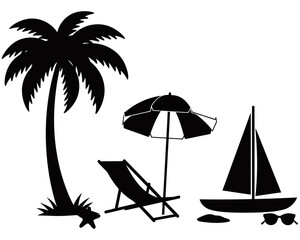 Tropical beach silhouette style featuring a retro van, flamingo, palm trees, birds, and ocean view. Minimalist black and white design ideal for travel or summer graphics.