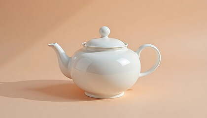Here's the title and 43 SEO-friendly tags for your Adobe Stock image:

Title: Classic White Ceramic Teapot on Warm Peach Background - Perfect for Tea Time, Kitchenware, and Cozy Home Concepts