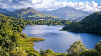Fototapeta premium Panoramic view of a large lake in a national park with mountainous backdrop