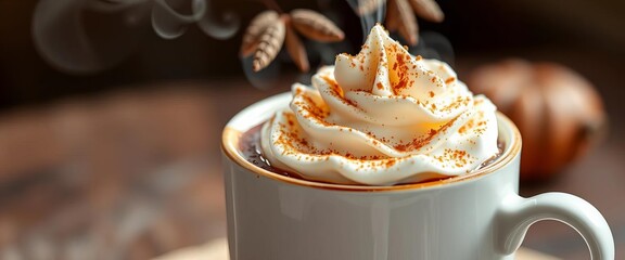 Steaming mug of hot chocolate topped with fluffy whipped cream and a dusting of cinnamon, warm drink, cinnamon