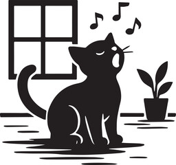 a black and white silhouette of a cute cat is singing a song in room