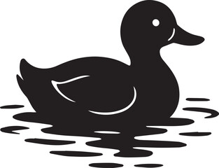 a black-and-white silhouette of a cute duck is swimming on the river