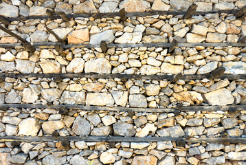 Different examples of stone structures in architecture and cedar trees used between walls to resist earthquakes