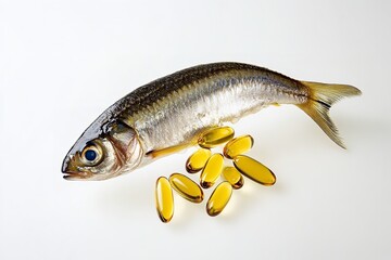 Naklejka premium A&nbsp;sardine&nbsp;fish&nbsp;over&nbsp;plain&nbsp;white&nbsp;setting&nbsp;with&nbsp;few&nbsp;Omega&nbsp;3&nbsp;capsules&nbsp;soaring in midair depicts pure fish oil and healthy joy lovely hue, Generative AI.