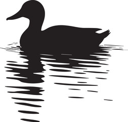 a black and white silhouette of a duck is swimming on the river