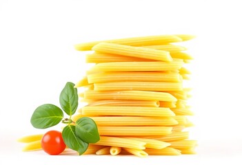 A vertical stack of raw penne rigate pasta against a pure white backdrop,  recipe,  nutrition