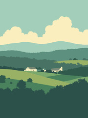 Lexington-Fayette, Kentucky &ndash; stylized horse farms and rolling hills, deep green and gold tones