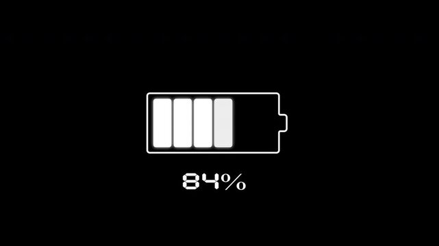 battery charge glow white with count down 1 to 100. on black background 4k