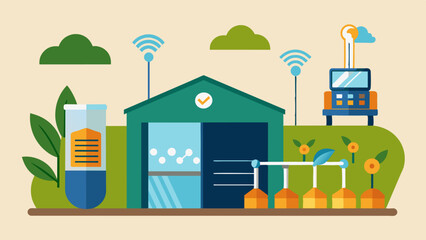 An illustration of a smart storage facility utilizing temperature and humidity sensors to regulate conditions and prevent spoilage of crops saving farmers from significant. Vector illustration