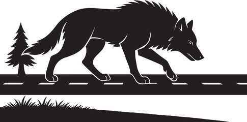 a black and white silhouette of a powerful wolf is looking for food