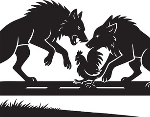 a black-and-white silhouette of a powerful wolf is fighting with another wolf