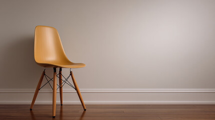 A single yellow chair with wooden legs against a neutral wall in a minimalist interior setting