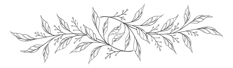 floral leaves line art isolated on white background. Divider doodle leaf and flowers, nature border decorative element vector illustration