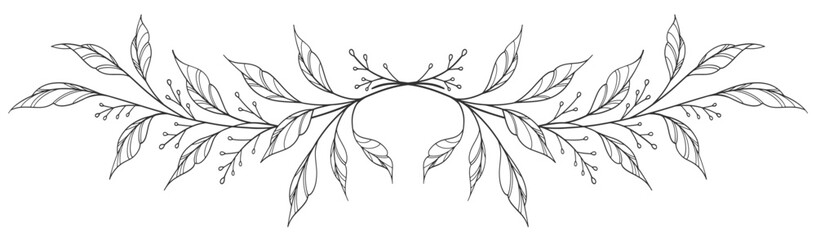 floral leaves line art isolated on white background. Divider doodle leaf and flowers, nature border decorative element vector illustration