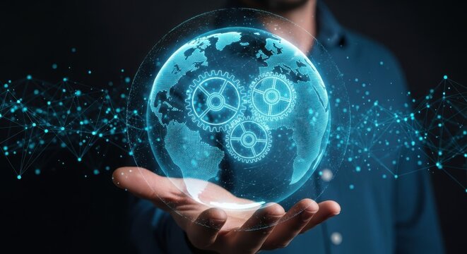 Digital globe with gears held in hand technology network