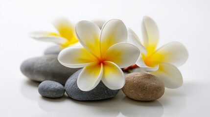 Close up of plumeria flowers with yellow centers resting on smooth gray and brown river rocks on white
