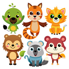 Funny cartoon animal set with cute faces in vector illustration on white background