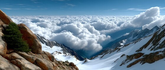 Majestic Mountain Peak Above a Sea of Clouds Stunning Winter Landscape Panorama