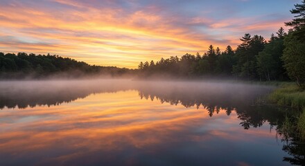Fototapeta premium Serene Sunrise Over Foggy Lake Surrounded by Green Forests with Colorful Sky