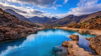 Serene mountain landscape with a tranquil blue pool surrounded by rocky formations and lush hills