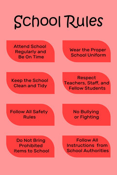 Illustrated school rules poster emphasizing discipline, punctuality, safety, and respectful behavior for students.