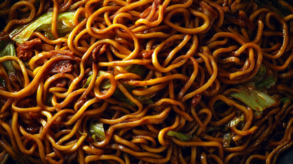 Obraz premium 炒めたキャベツと豚肉が全体に混ざったソース焼きそばの俯瞰構図。和風メニューや料理系デザインに使いやすい麺類テクスチャ素材。