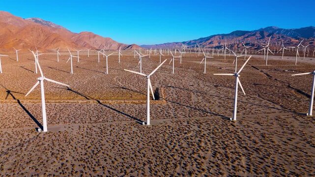 Drone flyover of wind turbines in Palm Springs desert