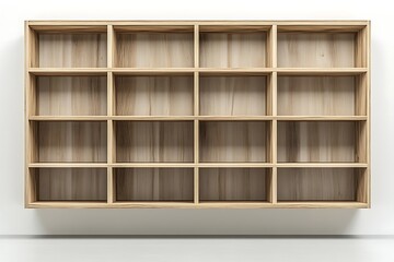 Empty Wooden Shelf Cabinet with Dividers Mounted on White Wall