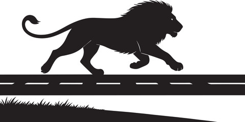 a mighty Lion Black & white silhouette who is running on the road