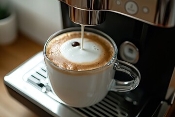 Freshly brewed coffee with frothy crema pouring into a glass cup at a home espresso machine