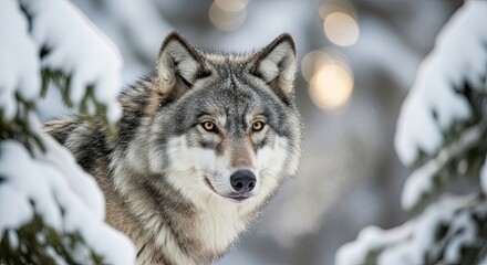 Fototapeta premium A wolf in a snowy forest during winter