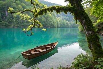Tranquil turquoise lake with wooden boat and mossy trees water