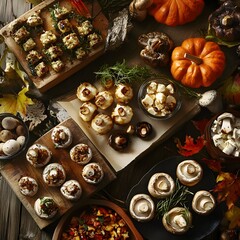 Baked mushrooms stuffed with cheese and vegetables on wooden table. Top view. Mushroom appetizers