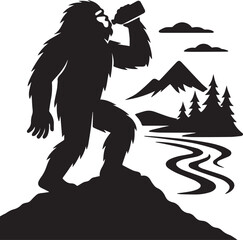 Bigfoot Yeti Black & white silhouette who is drinking water from a bottle in the top of the mountain