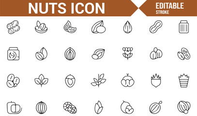 Collection of Nut and Seed Icons for Healthy, Organic, and Natural Snacks
