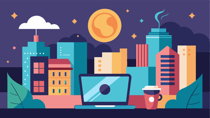 The citys energy pulses as a solitary laptop and warm latte perch on a rooftop creating a cozy and creative atmosphere above the bustling streets.. Vector illustration