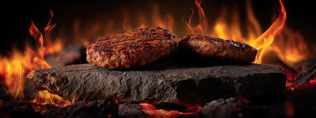 grilled meat patties served on a rocky stone slab plate. aspect ratio 8:3