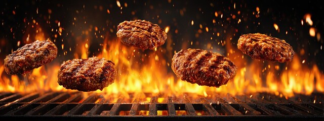 grilled meat patties being cooked on a flaming grill . aspect ratio 8:3