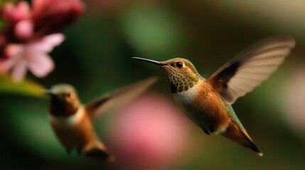 Two hummingbirds hovering near pink blossoms in a vibrant garden setting, showcasing nature's beauty
