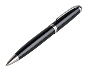 A glossy black writing instrument with polished silver details lies diagonally, exuding elegance and professionalism.