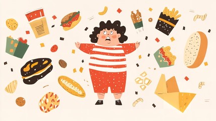 Over pale beige setting obese boy is standing erect and appears distressed while fast food flies around him bullying artwork hue, Generative AI.