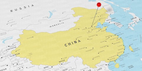 China, Beijing - push pin on political map - 3D illustration