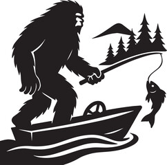 Bigfoot Yeti Black & white silhouette who is driving a boat on the river and catching fish