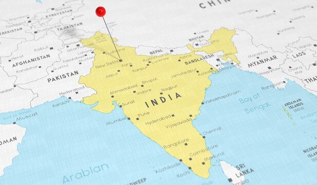 India, New Delhi - push pin on political map - 3D illustration