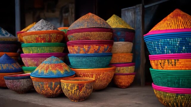 Vibrant Woven Baskets: A captivating display of meticulously crafted, vividly colored woven baskets, showcasing intricate patterns and traditional artistry, symbolizing culture and heritage.