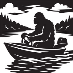 Bigfoot Yeti Black & white silhouette who is driving a boat on the river