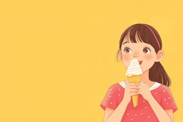 Comic depiction of girl savoring ice cream over pale yellow setting depicting images of youth and idyllic summery air hue delish, Generative AI.