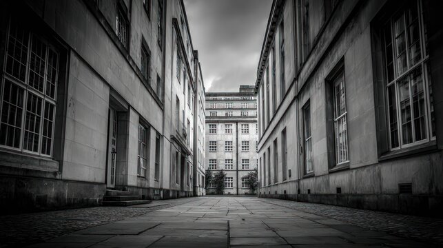 A grayscale alleyway