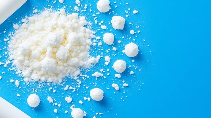 White powder and spheres on a blue background